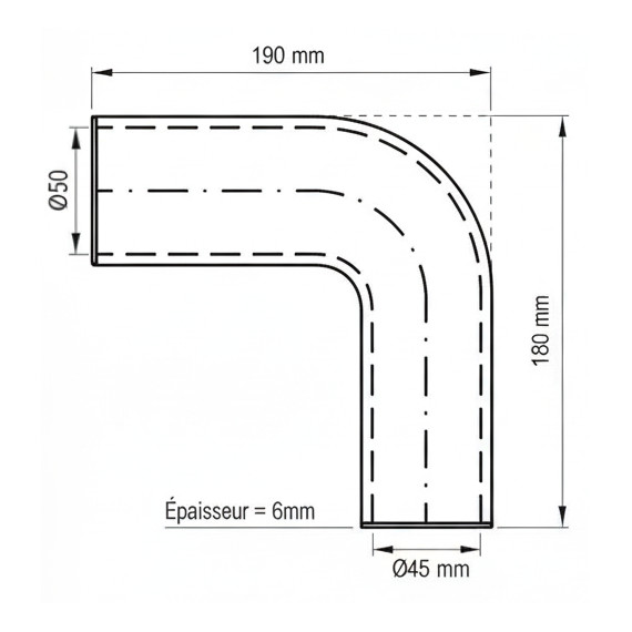 Durite Silicone Coude 90° Ø45/50mm - 190x180mm - 4 Plis Renforcé VMQ